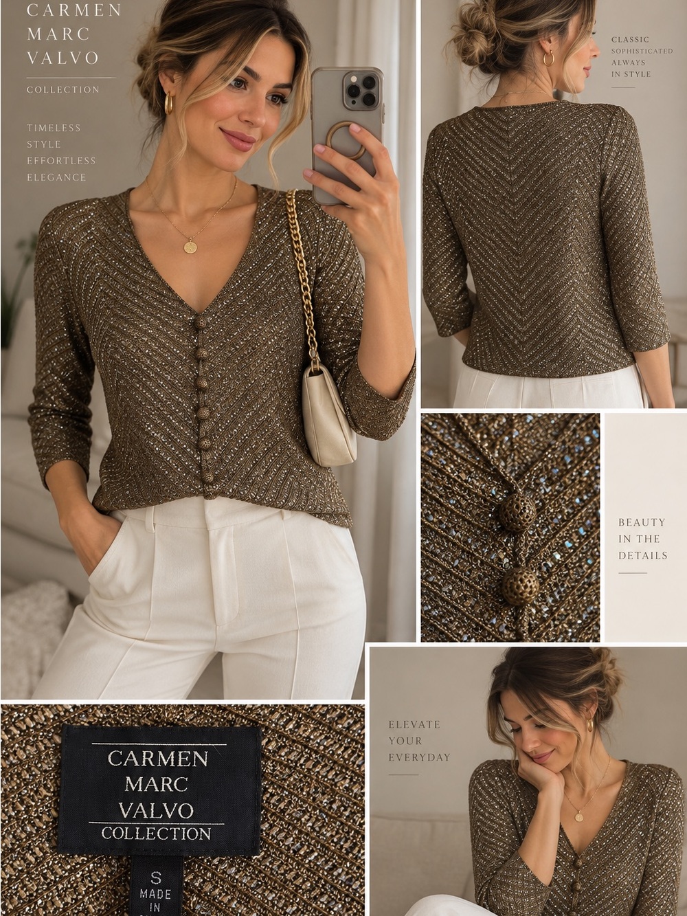 Carmen Marc Valvo Olive Metallic Knit V-Neck Cardigan